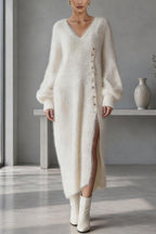 Women's textured knit V-neck midi dress with buttons, balloon sleeves and side slit