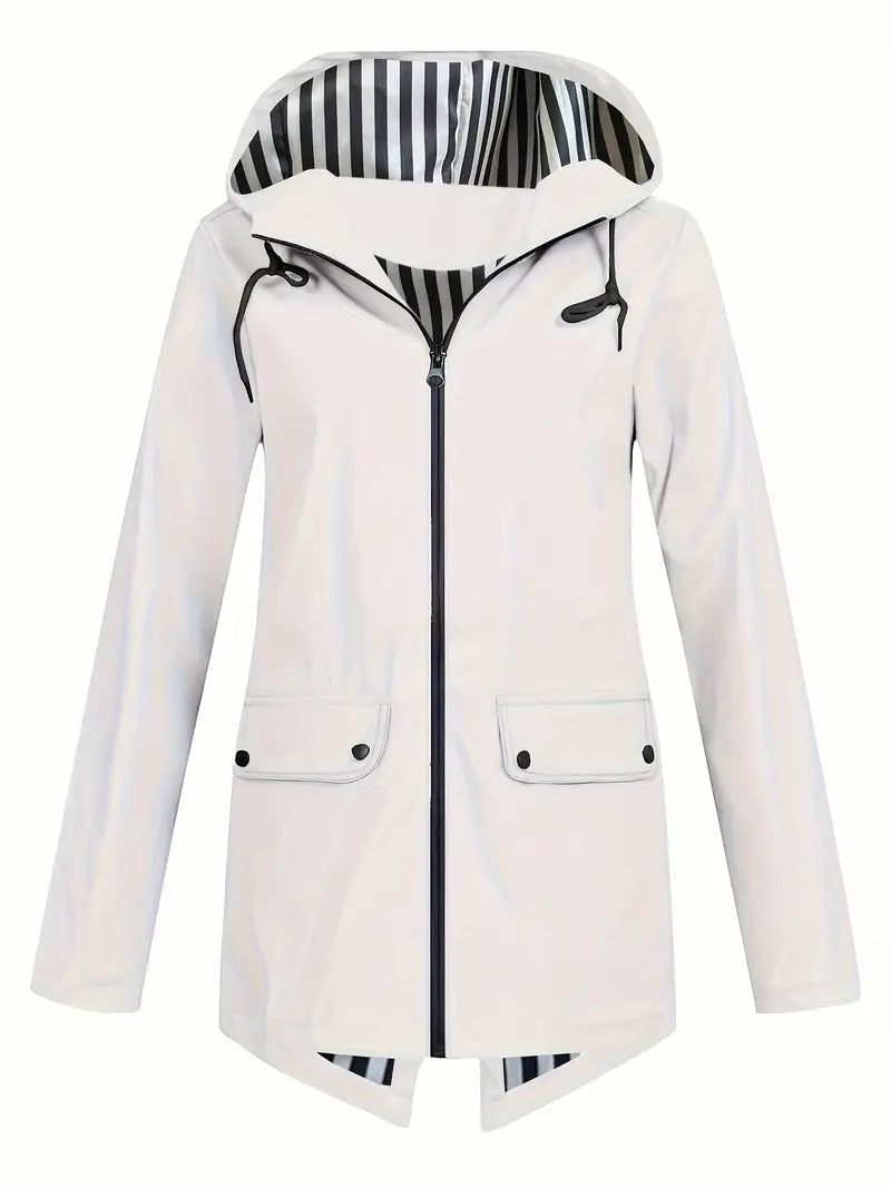 Women's hooded rain jacket with striped lining and flap pockets