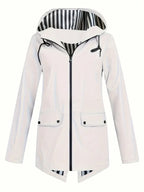 Women's hooded rain jacket with striped lining and flap pockets