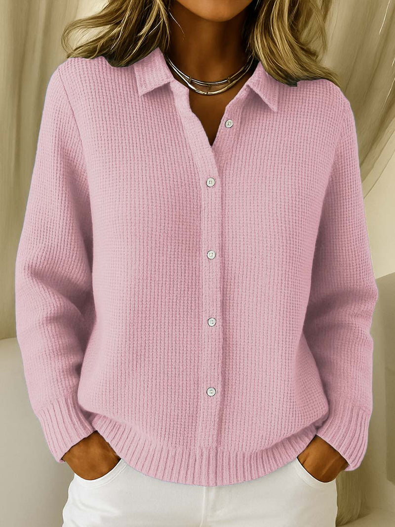 Women's ribbed knit cardigan with collar and button front