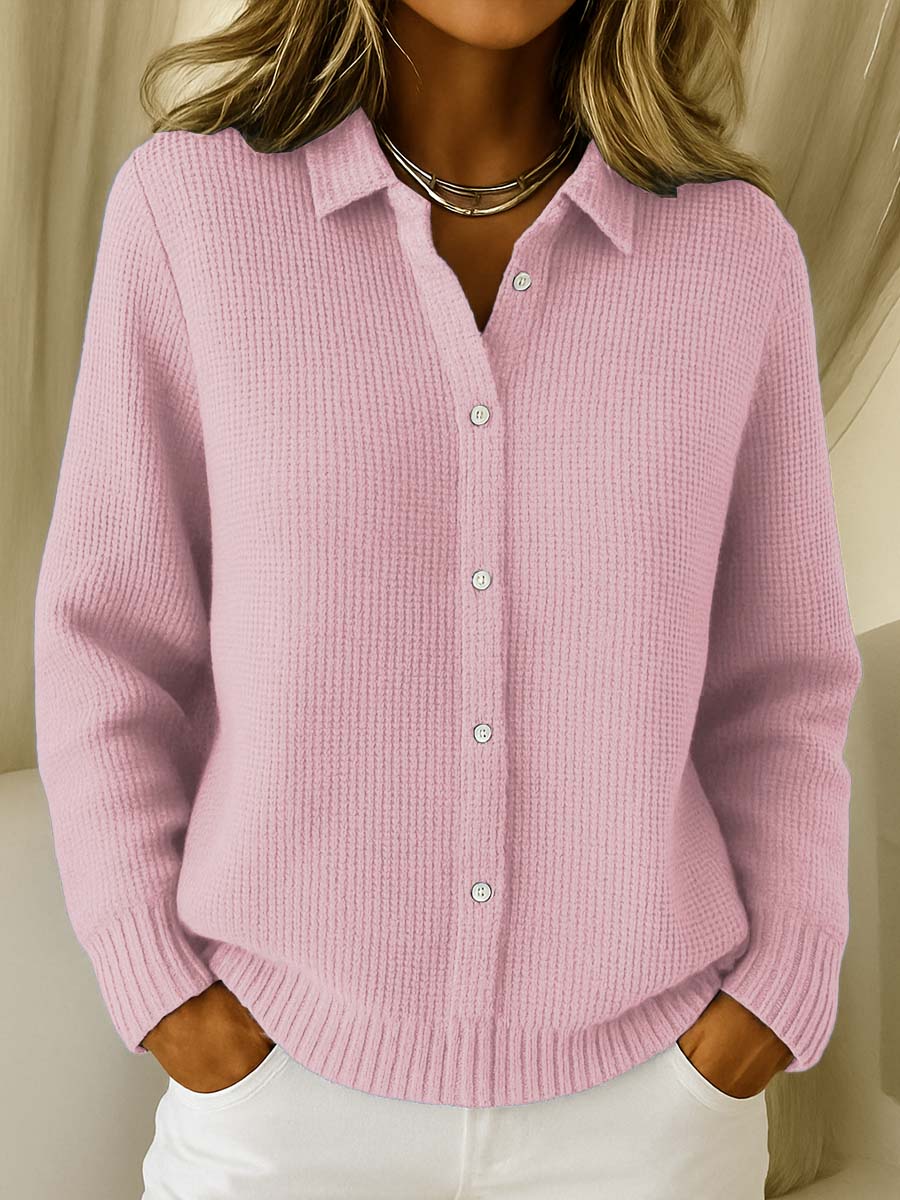 Women's ribbed button cardigan with collared neckline and long sleeves