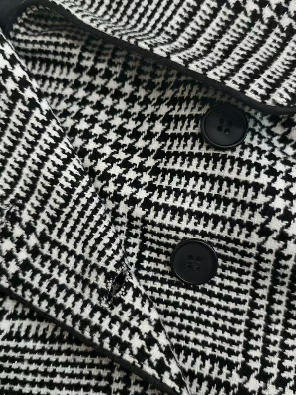 Men's brown houndstooth jacket with stand collar and asymmetric button front