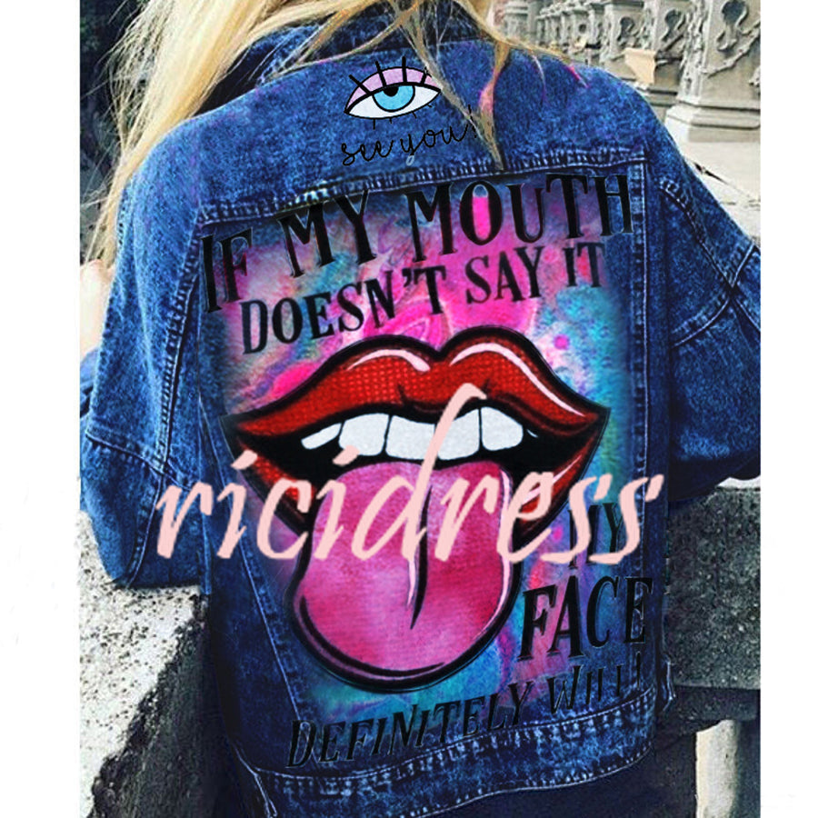 Women's graphic print jacket with colourful back artwork and long sleeves