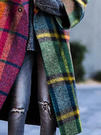 Women's multicolour plaid long coat with lapel collar and buttons