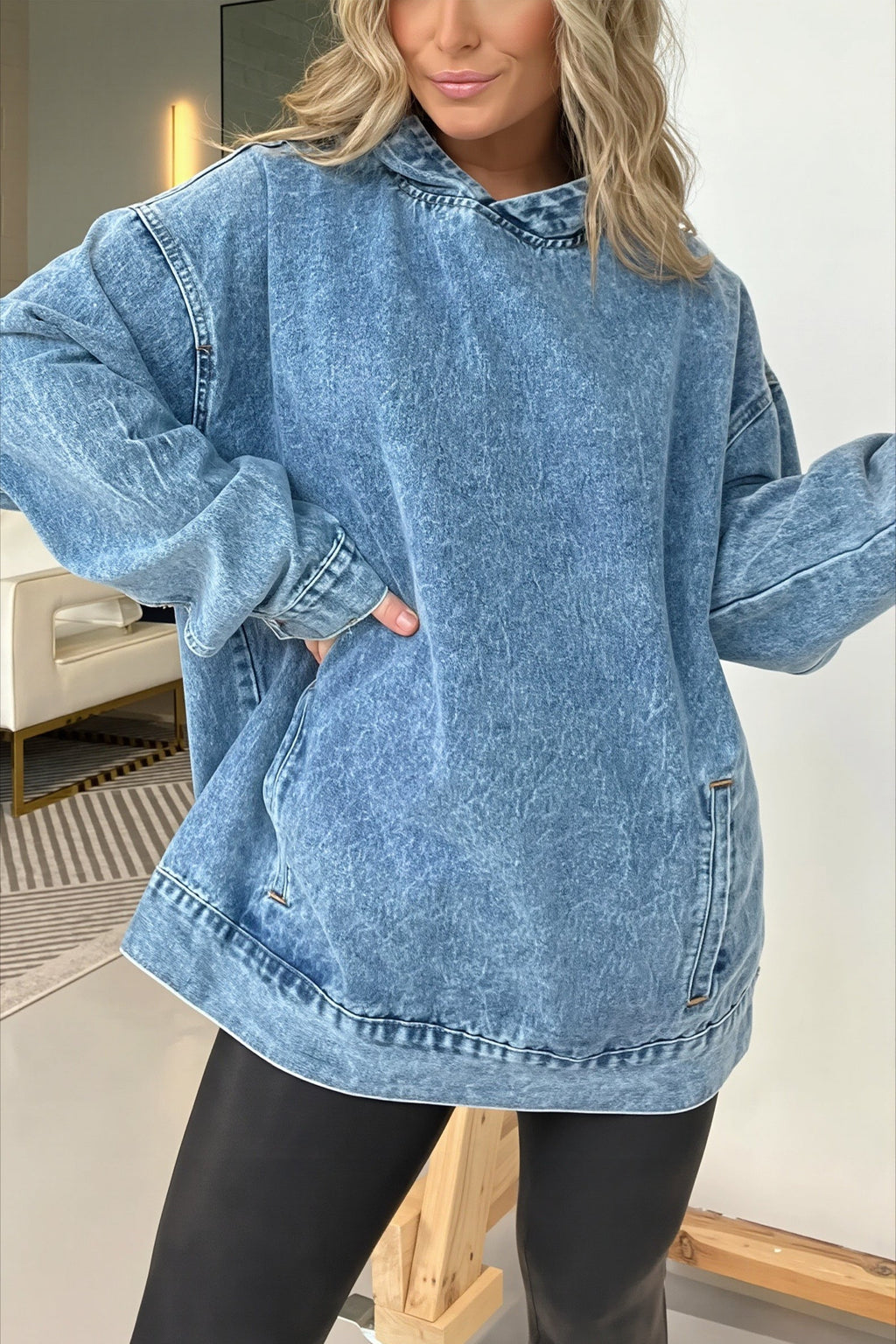 Women's blue washed denim longline pullover hoodie