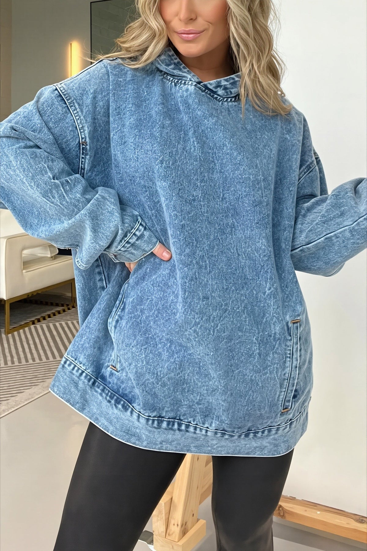 Women's blue washed denim longline pullover hoodie