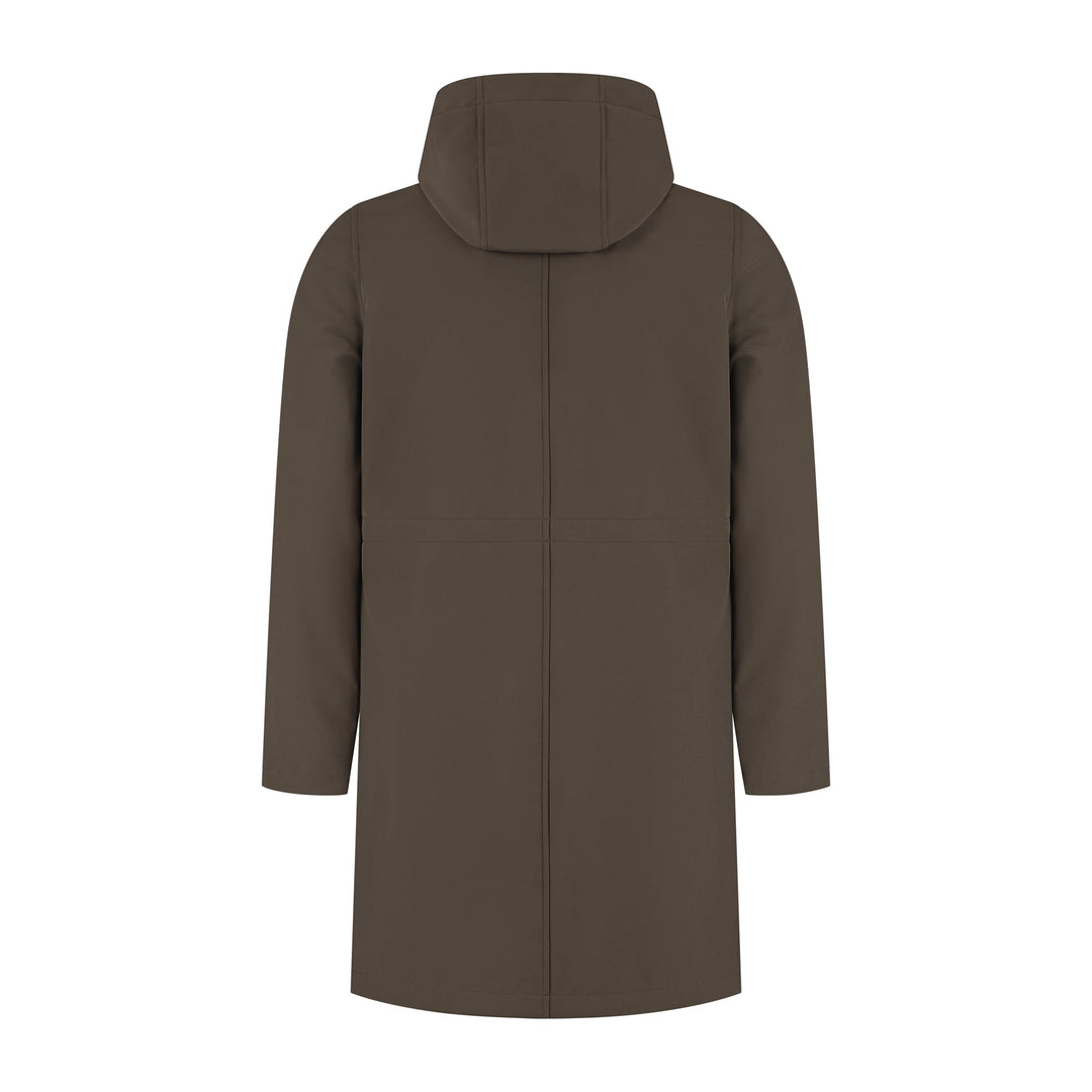 Women's dark brown hooded softshell jacket with long sleeves and zipped pockets