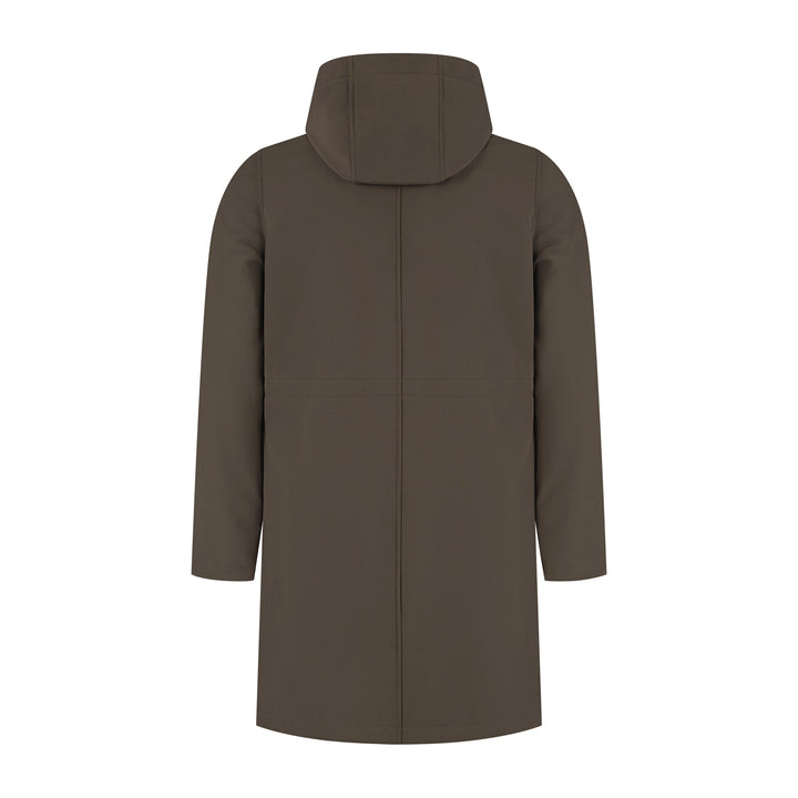 Women's dark brown hooded softshell jacket with long sleeves and zipped pockets