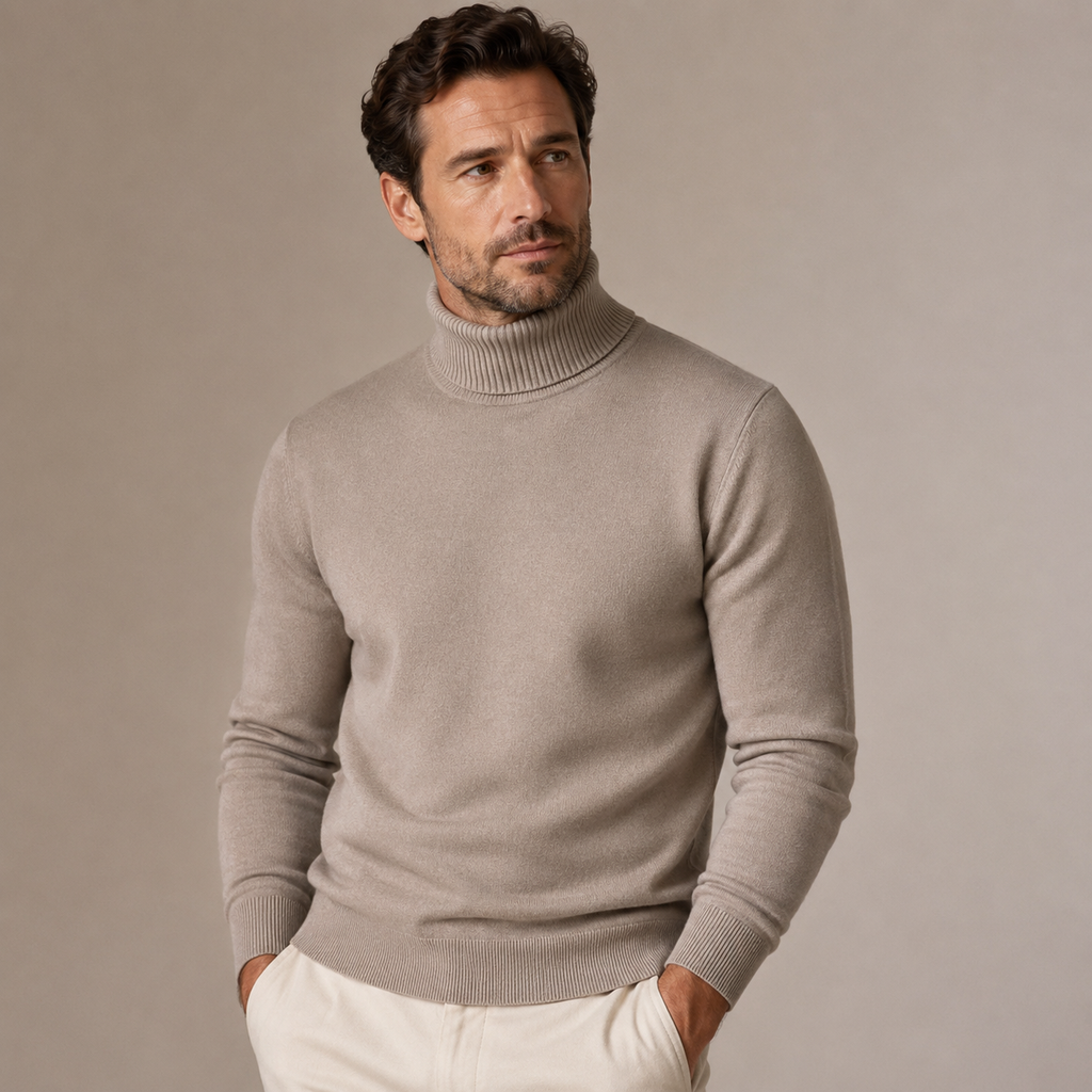 Men's ribbed turtleneck sweater with long sleeves and ribbed trims