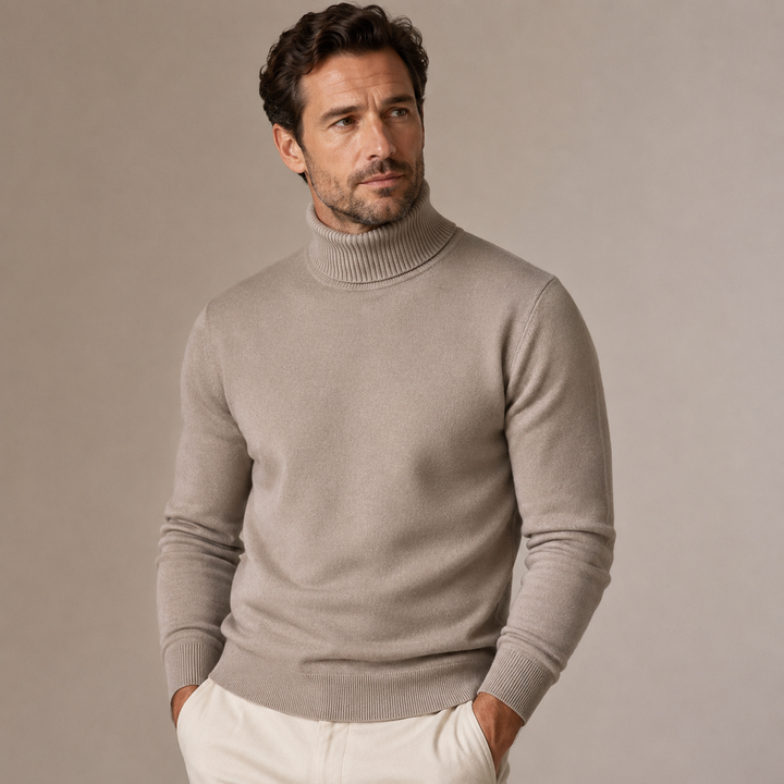 Men's ribbed turtleneck sweater with long sleeves and ribbed trims