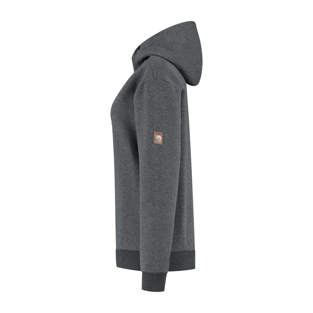 Women's dark grey hooded sweatshirt with long sleeves and ribbed trims