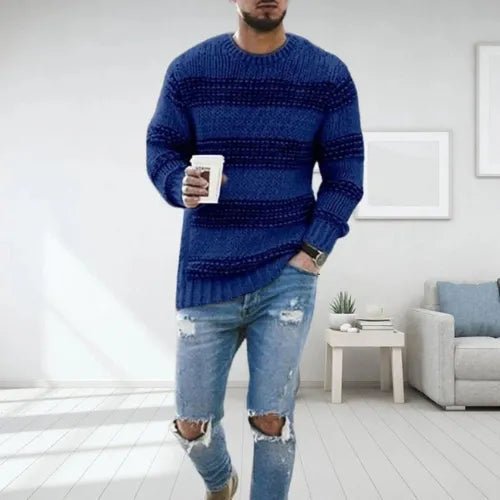 Men's striped knit sweater with crew neckline and long sleeves