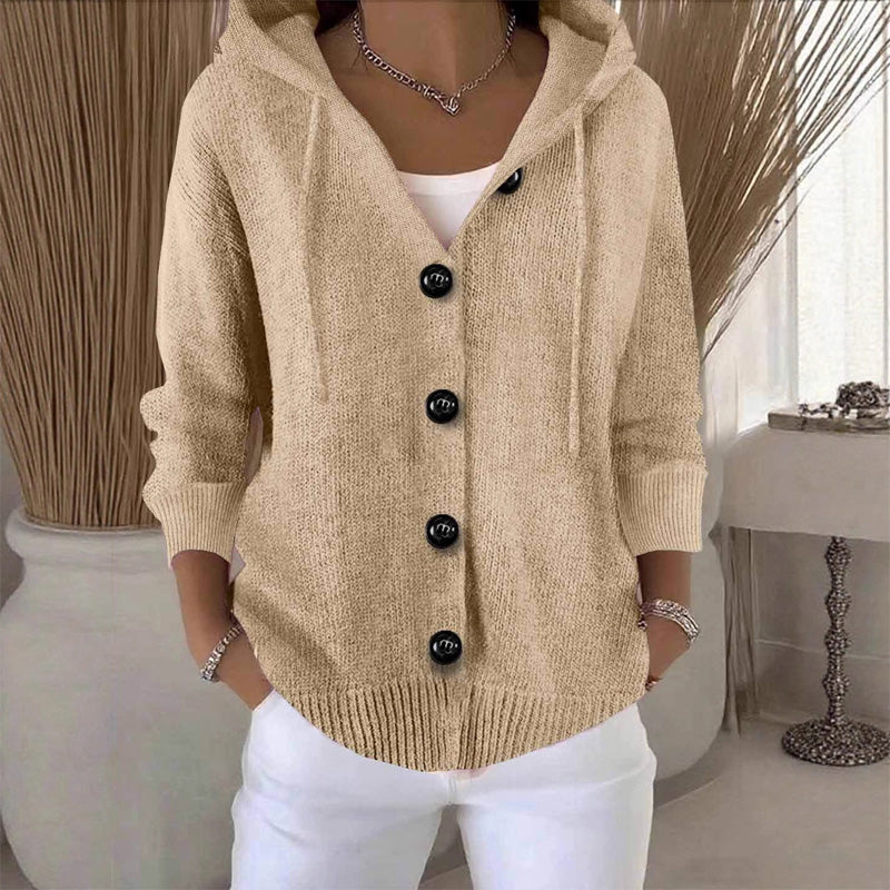 Women's hooded knitted cardigan with long sleeves, buttons and ribbed trims