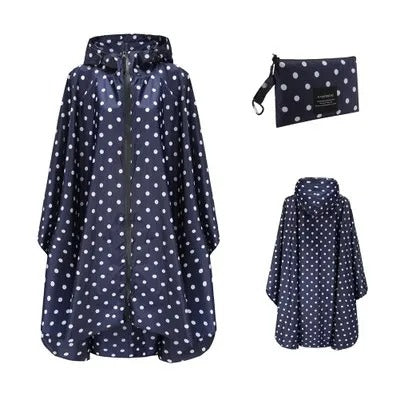 Patterned unisex hooded rain poncho with zip front and matching pouch