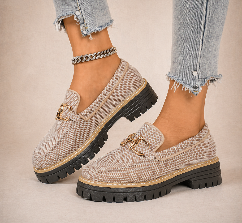 Women's beige mesh loafers with gold horsebit detail and chunky black lug soles