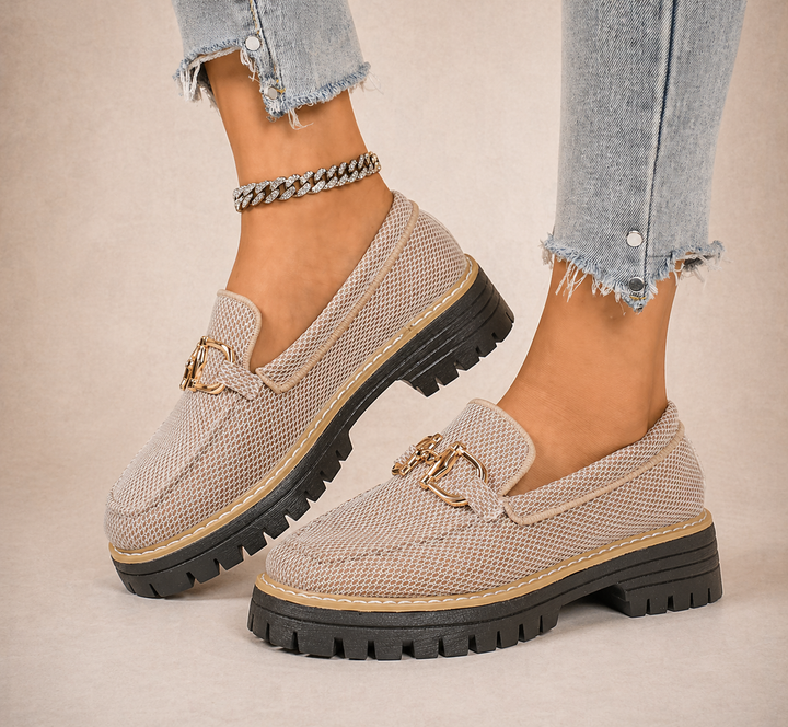 Women's beige mesh loafers with gold horsebit detail and chunky black lug soles