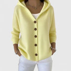 Women's hooded knitted cardigan with buttons and front pockets