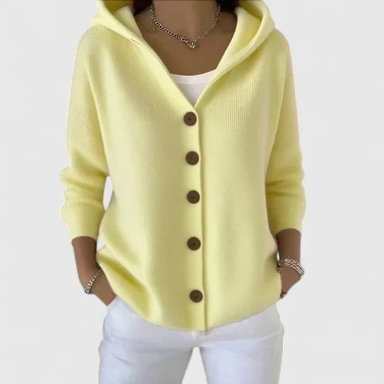 Women's hooded knitted cardigan with buttons and front pockets