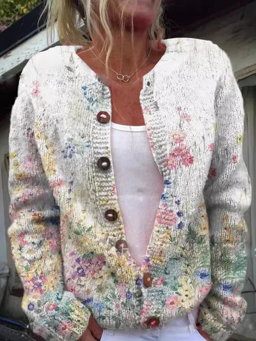 Women's floral button-front vest with long sleeves