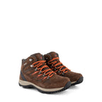 Brown mid-cut hiking boots with orange laces and lugged soles