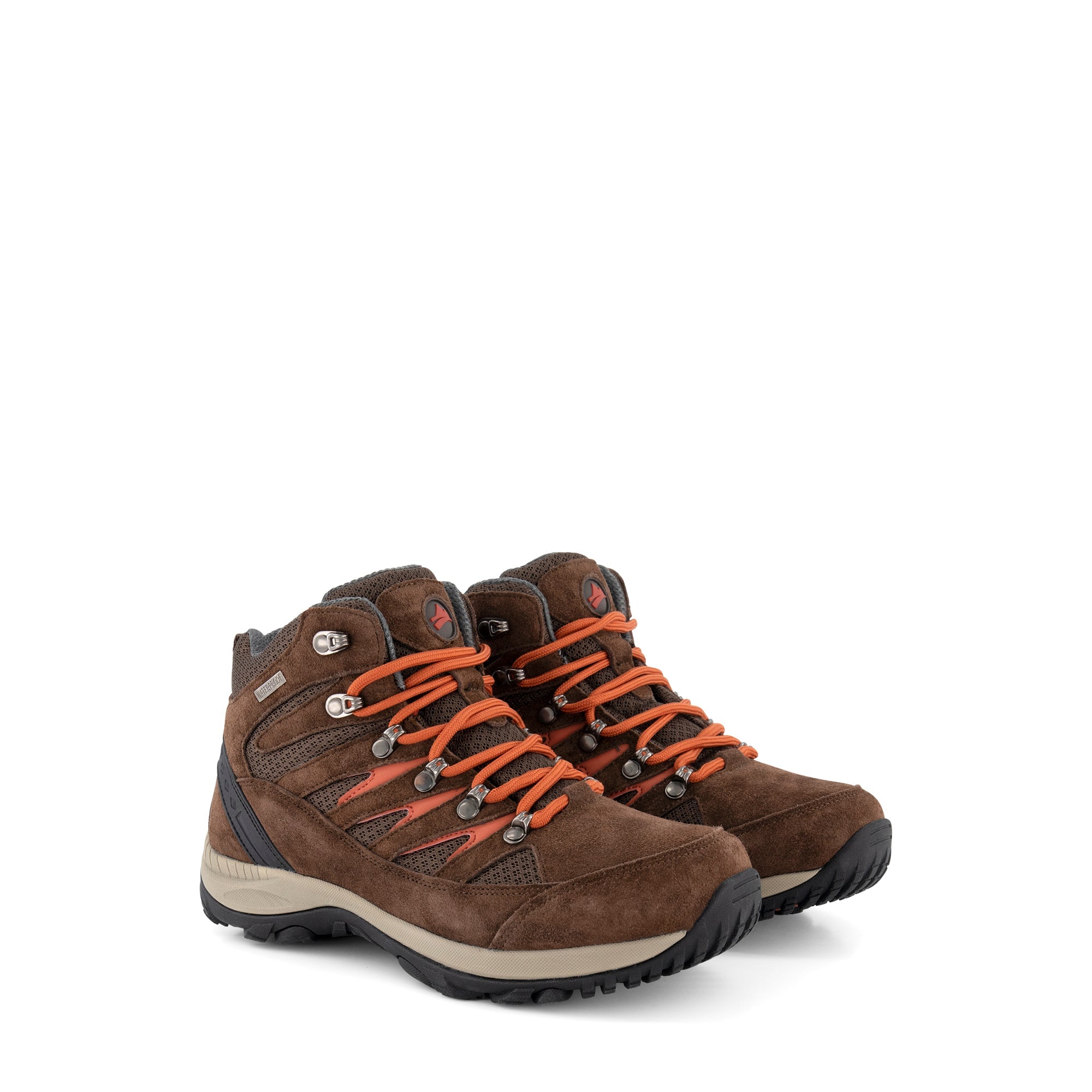 Brown mid-cut hiking boots with orange laces and lugged soles