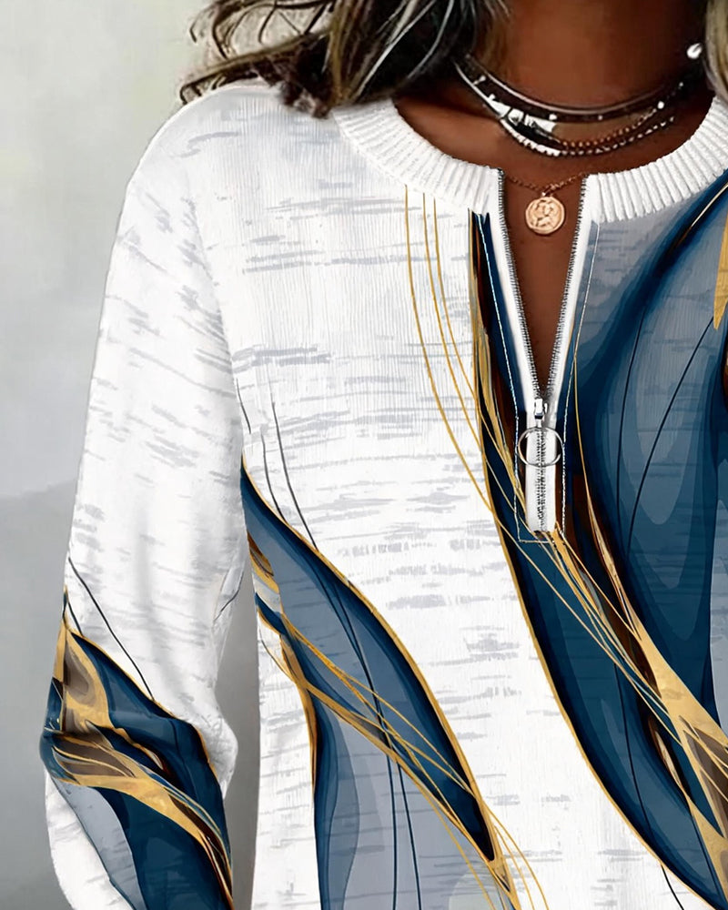 Women's abstract zip-up sweatshirt with ribbed trims and long sleeves