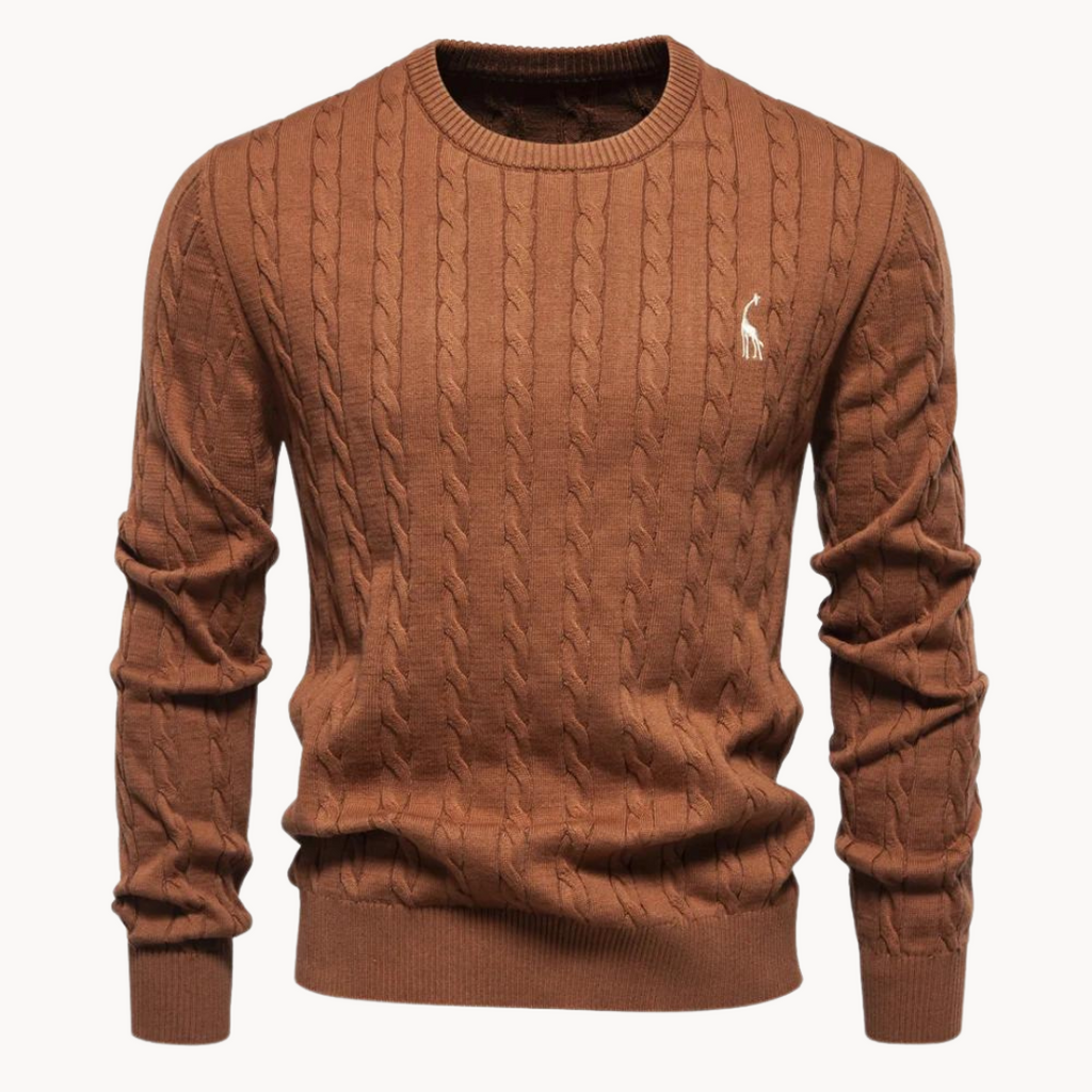 Men's cable-knit jumper with crew neck, long sleeves and chest emblem