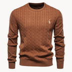 Men's cable-knit jumper with crew neck, long sleeves and chest emblem