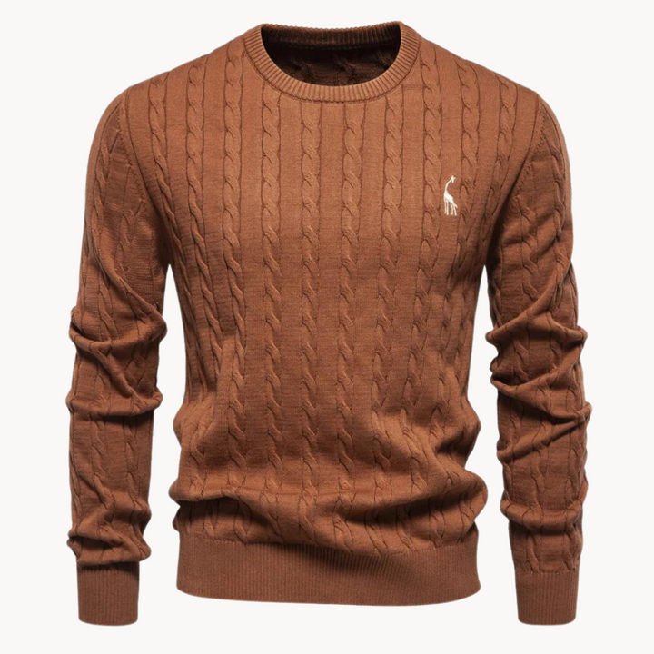 Men's cable-knit jumper with crew neck, long sleeves and chest emblem