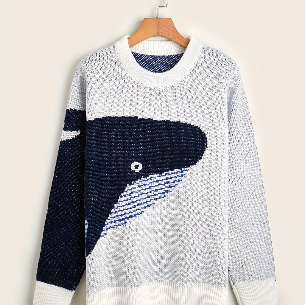 Men's crew-neck jumper with a large whale graphic and long sleeves