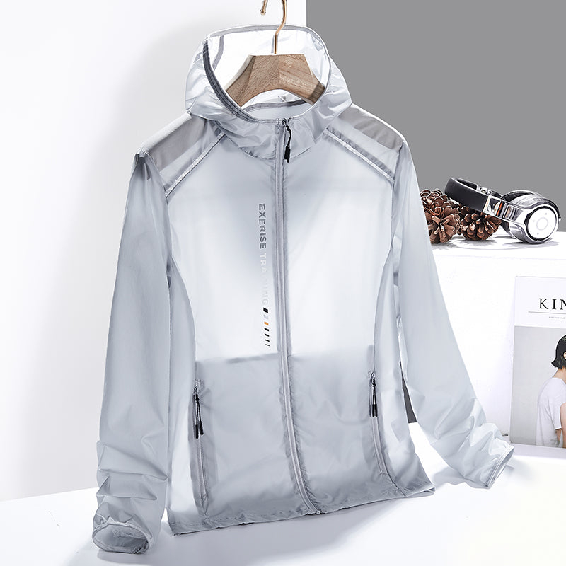 Hooded long-sleeve windbreaker jacket with front zip and two zipped pockets