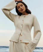 Women's crew neck cardigan with buttons, pockets and ribbed trims