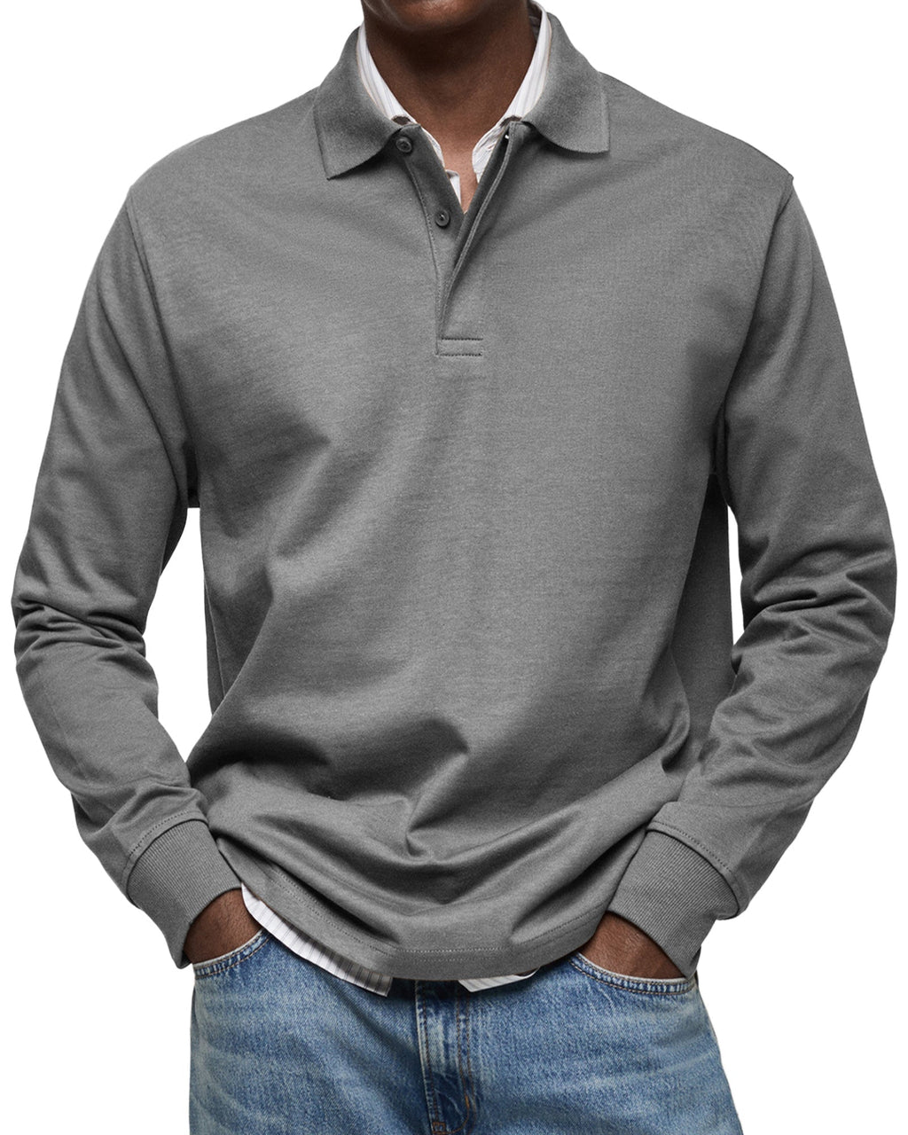 Men's long sleeve polo sweater with collar, button placket and ribbed trims