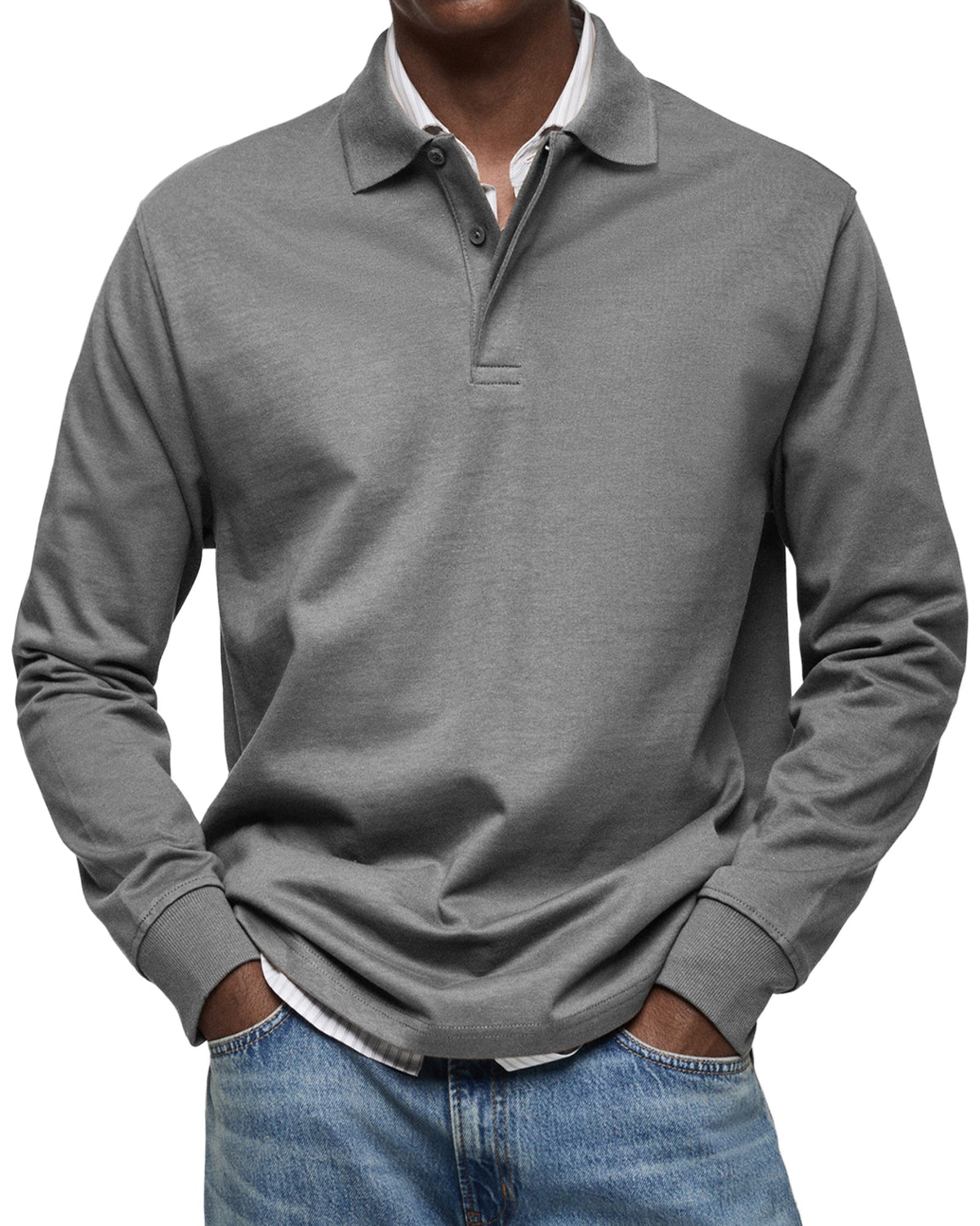 Men's long sleeve polo sweater with collar, button placket and ribbed trims