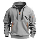 Men's hooded half-zip hoodie with utility pockets and long sleeves