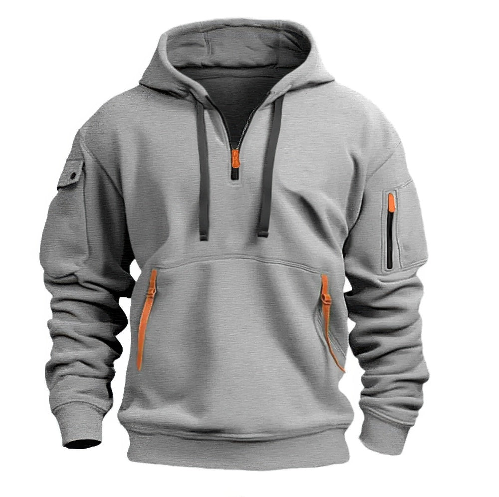 Men's hooded half-zip hoodie with utility pockets and long sleeves