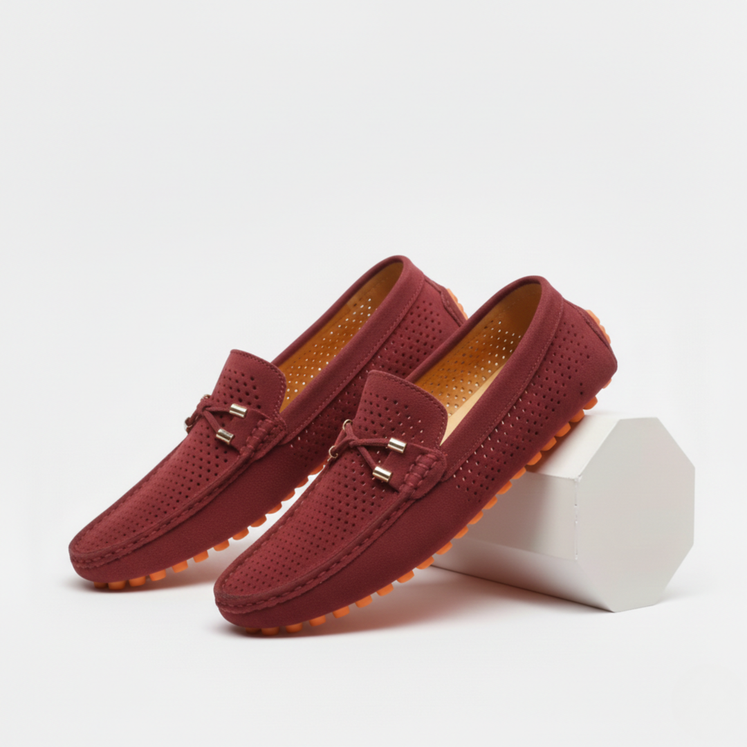 Men's perforated loafers with moc toe stitching and decorative front trim