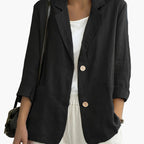 Women's navy blazer with notched lapels and front buttons