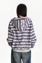 Women's striped star print zip hoodie with hood and ribbed trims