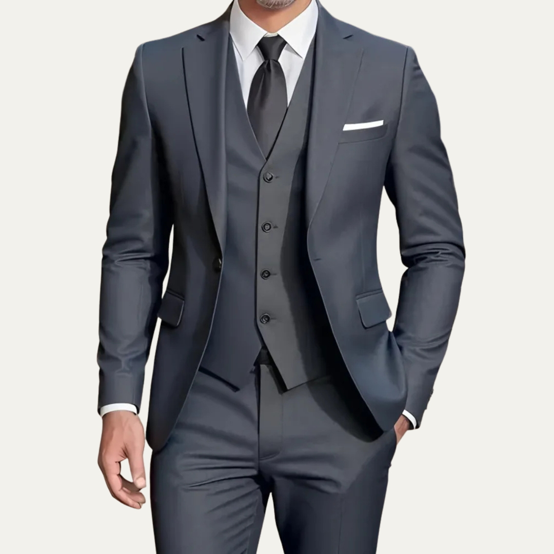 Men's three-piece slim fit suit with blazer waistcoat and trousers