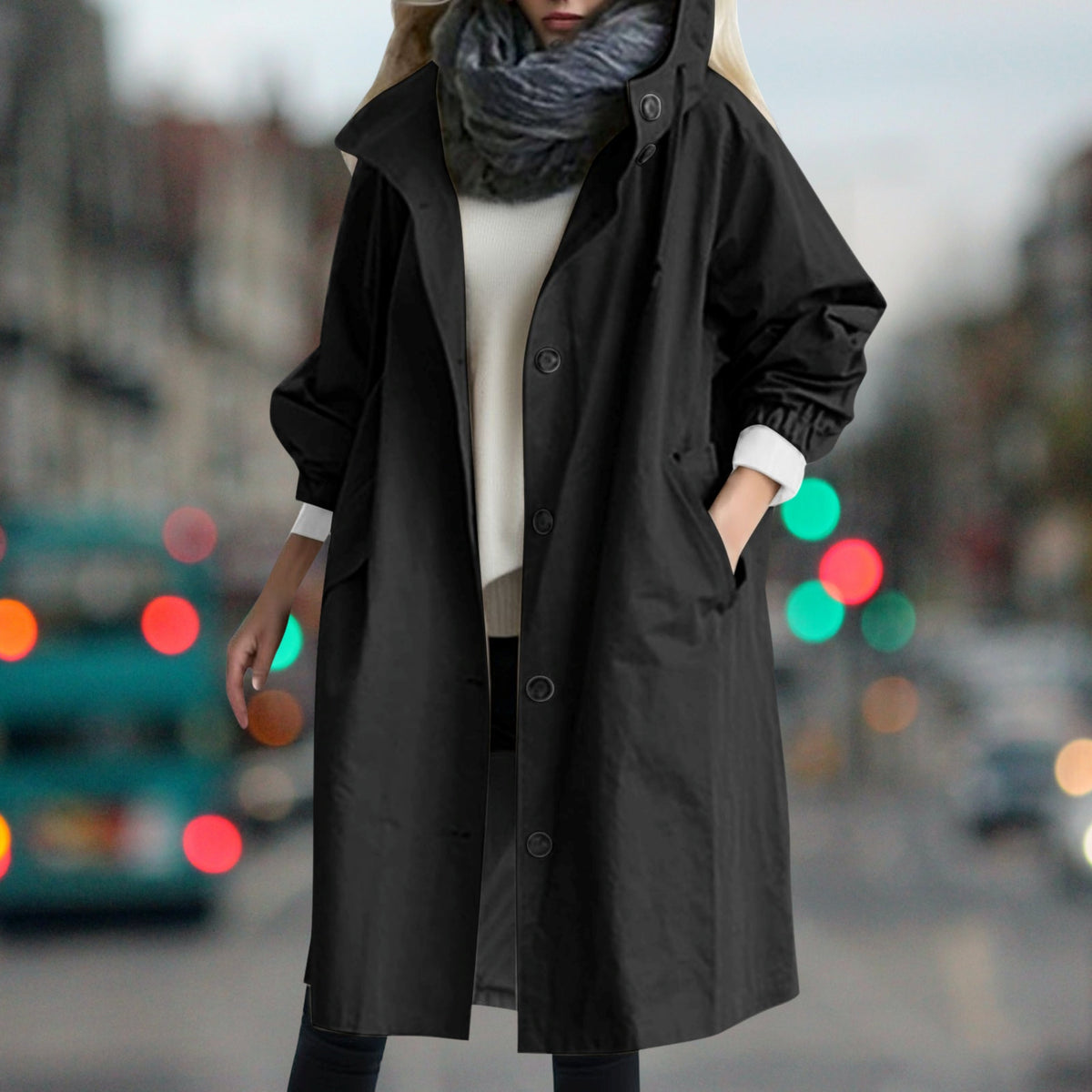 Women's longline hooded rain coat with button front and side pockets