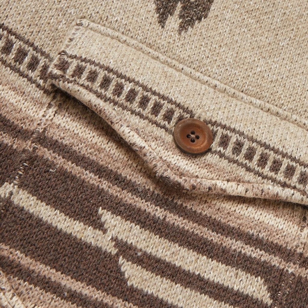 Men's beige patterned shawl collar cardigan with buttons and western motifs