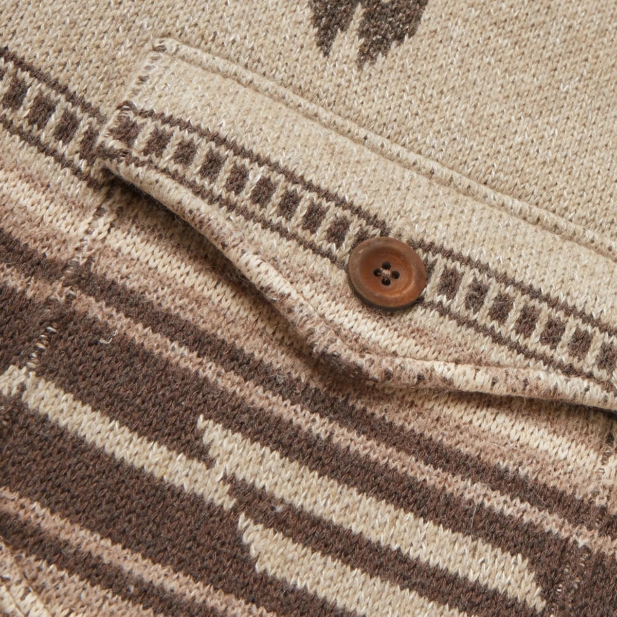 Men's beige patterned shawl collar cardigan with buttons and western motifs