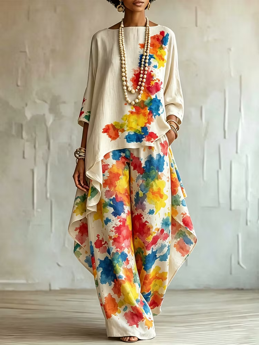 Women's white floral asymmetric blouse with boat neckline