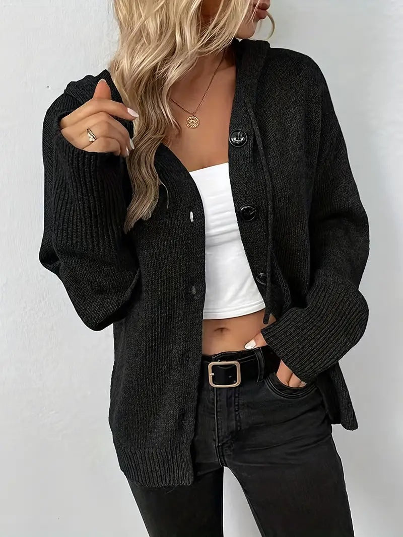 Women's hooded knitted cardigan with button front, long sleeves and ribbed cuffs