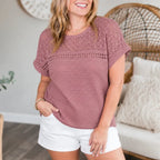 Women's short sleeve open knit textured top with round neck