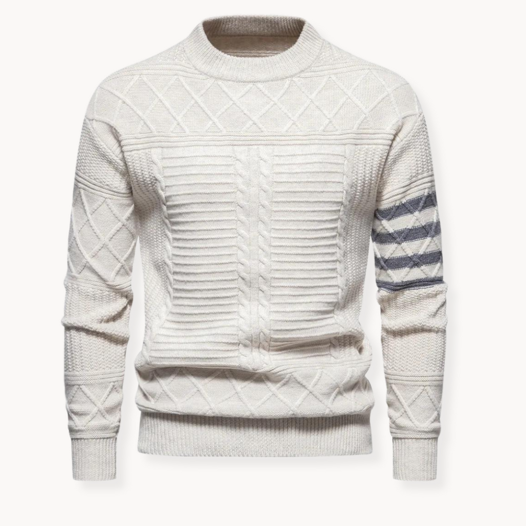Men's cable knit crew neck jumper with patterned sleeves