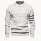 Men's cable knit crew neck jumper with patterned sleeves
