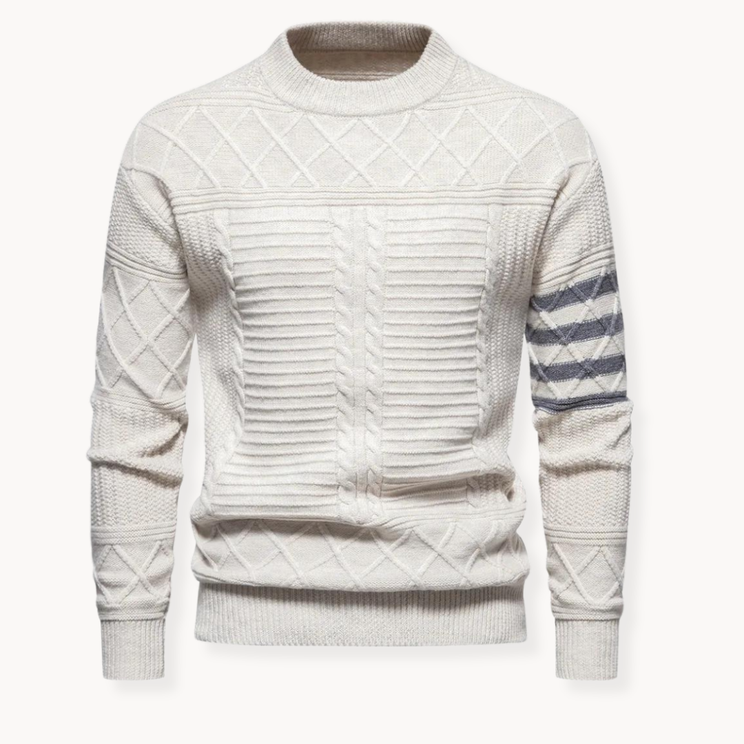 Men's cable knit crew neck jumper with patterned sleeves