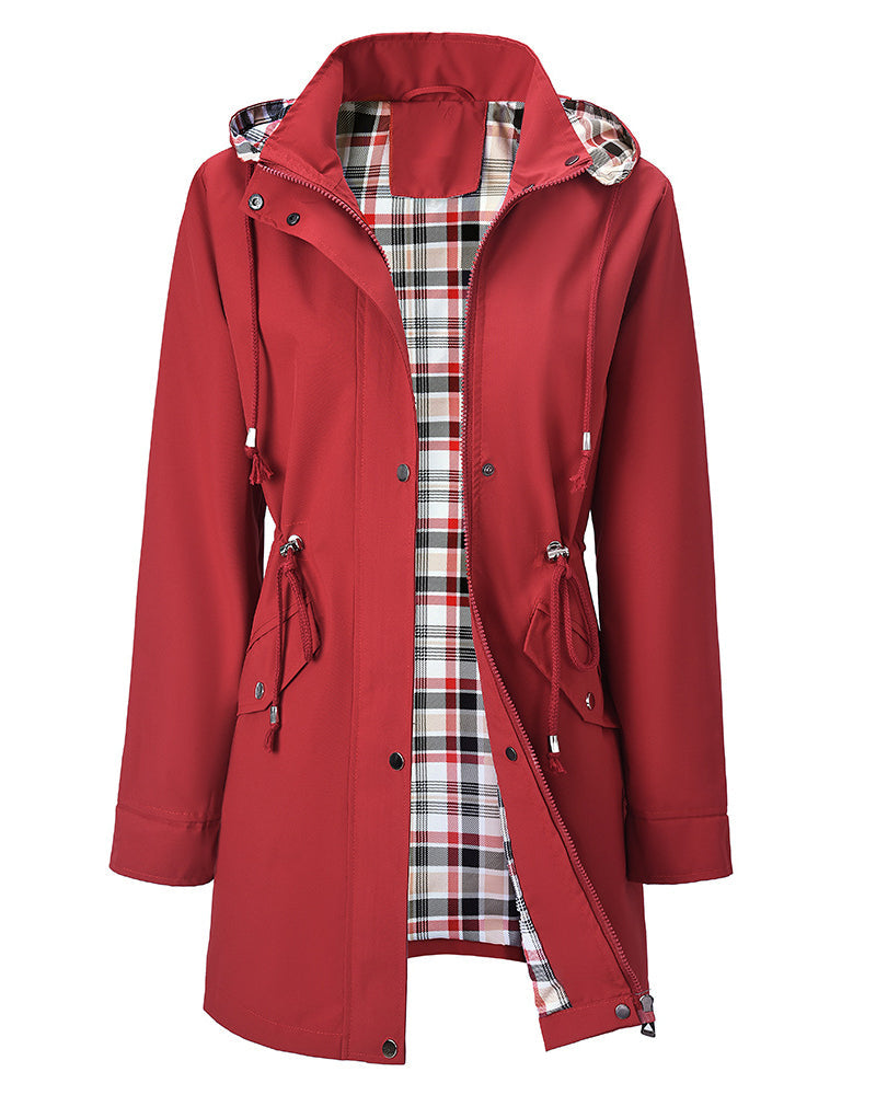Women's long hooded coat with checked lining, zip front and drawstring waist